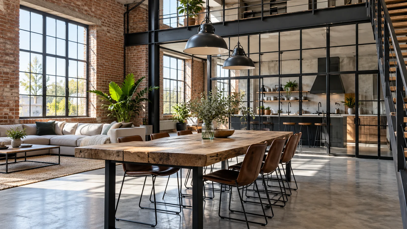 grand loft ouvert avec coin repas, salon et cuisine