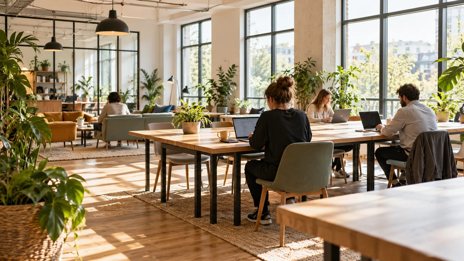 espace de coworking lumineux décoré de plantes vertes