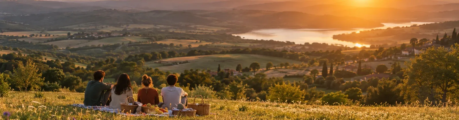 Amis en pique-nique face à une vallée au coucher du soleil
