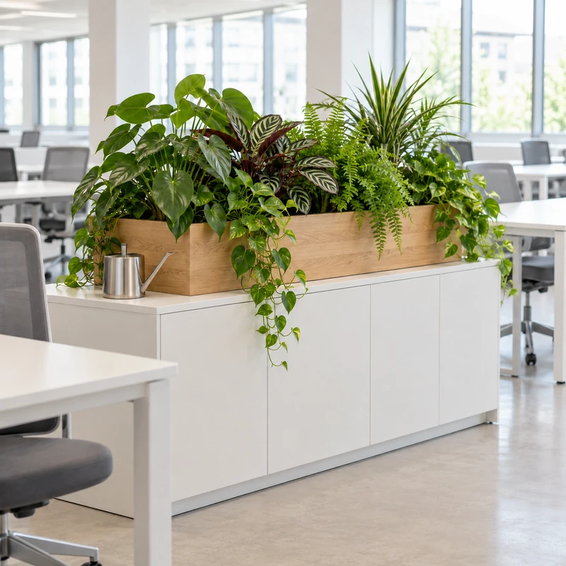 jardinière végétale posée sur un meuble entre deux rangées de bureaux