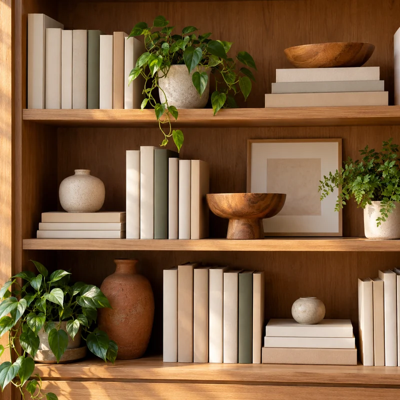 bibliothèque en bois garnie de livres et de plantes