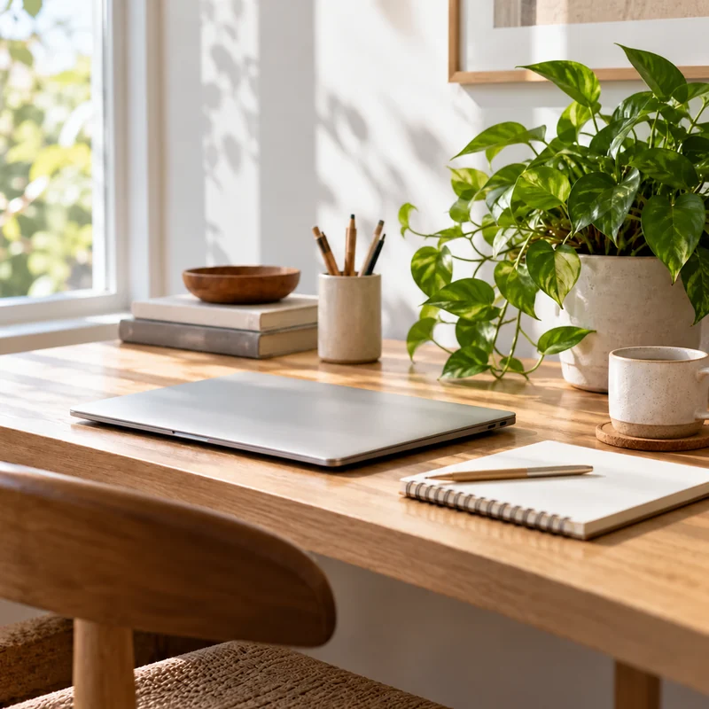 bureau de travail avec ordinateur et plante verte